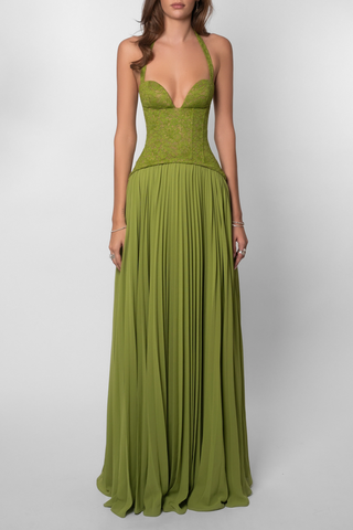 Olive Enchantress Lace Corset Halter Pleated Maxi Dress