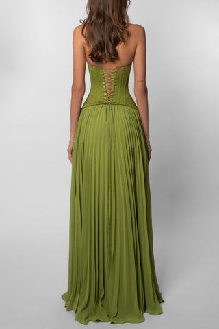 Olive Enchantress Lace Corset Halter Pleated Maxi Dress