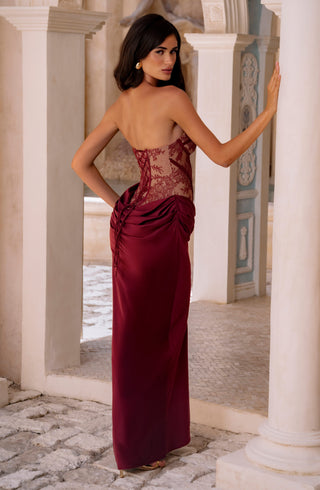 T.X Kathleen Maxi Dress Strapless Lace Bodice Burgundy