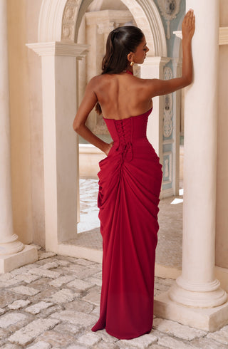 T.X Minette Maxi Dress Chiffon Corseted Bodice Deep Red