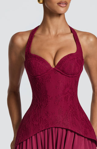 R.F Almira Maxi Dress Crepe Lace Bodice Mulberry