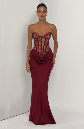 T.X Kathleen Maxi Dress Strapless Lace Bodice Burgundy