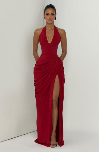 T.X Minette Maxi Dress Chiffon Corseted Bodice Deep Red