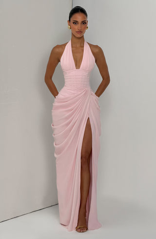 T.X Minette Maxi Dress Chiffon Corset Plunge Halter Blush
