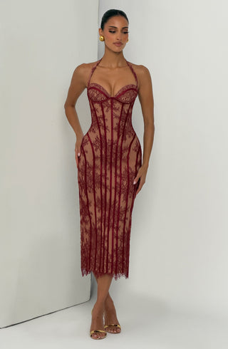 T.X Rona Midi Dress Lace Halter Sweetheart Burgundy