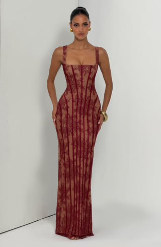 T.X Polina Maxi Dress Floral Lace Square Neck Burgundy