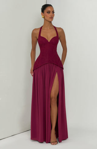 R.F Almira Maxi Dress Crepe Lace Bodice Mulberry