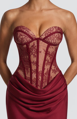 T.X Kathleen Maxi Dress Strapless Lace Bodice Burgundy