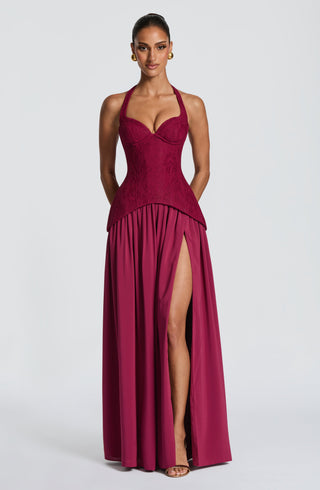 R.F Almira Maxi Dress Crepe Lace Bodice Mulberry