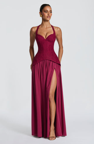 R.F Almira Maxi Dress Crepe Lace Bodice Mulberry