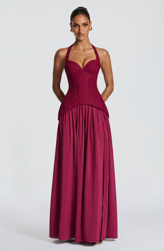 R.F Almira Maxi Dress Crepe Lace Bodice Mulberry
