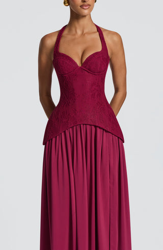 R.F Almira Maxi Dress Crepe Lace Bodice Mulberry