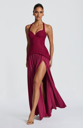 R.F Almira Maxi Dress Crepe Lace Bodice Mulberry