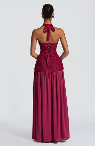 R.F Almira Maxi Dress Crepe Lace Bodice Mulberry