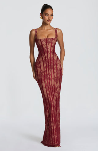 T.X Polina Maxi Dress Floral Lace Square Neck Burgundy