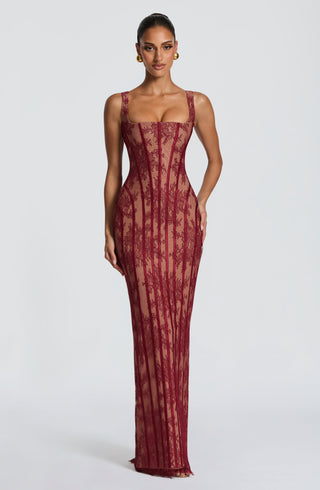 T.X Polina Maxi Dress Floral Lace Square Neck Burgundy
