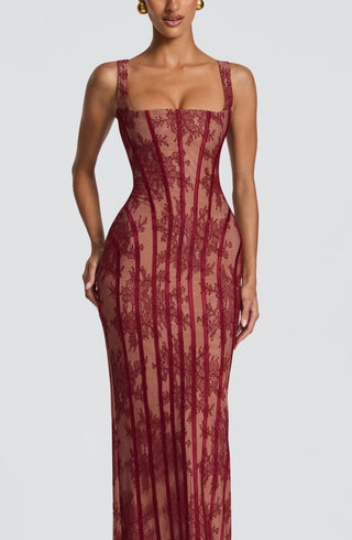 T.X Polina Maxi Dress Floral Lace Square Neck Burgundy