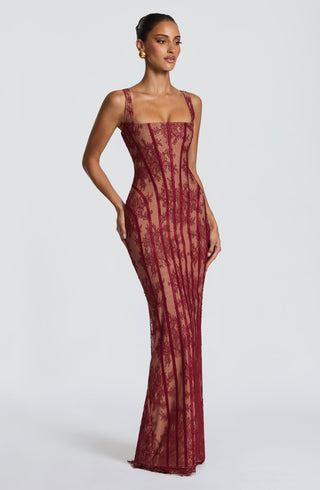 T.X Polina Maxi Dress Floral Lace Square Neck Burgundy