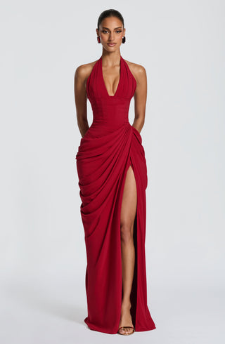 T.X Minette Maxi Dress Chiffon Corseted Bodice Deep Red
