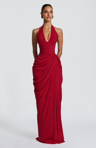 T.X Minette Maxi Dress Chiffon Corseted Bodice Deep Red