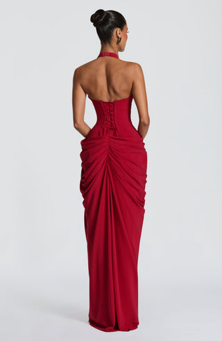 T.X Minette Maxi Dress Chiffon Corseted Bodice Deep Red