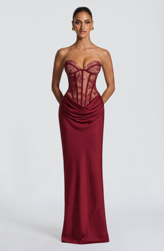 T.X Kathleen Maxi Dress Strapless Lace Bodice Burgundy