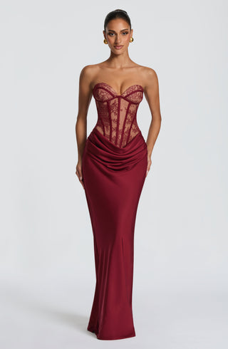 T.X Kathleen Maxi Dress Strapless Lace Bodice Burgundy