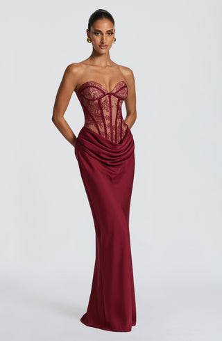 T.X Kathleen Maxi Dress Strapless Lace Bodice Burgundy