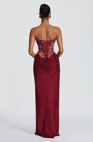 T.X Kathleen Maxi Dress Strapless Lace Bodice Burgundy