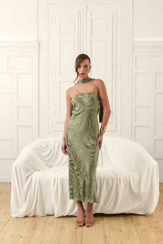 Vestido Creta jacquard verde caqui