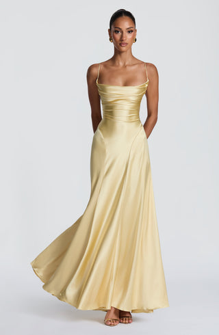 M.T Adelina Maxi Dress Non-Stretch Satin Twist Cowl Lemon