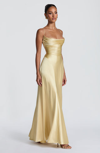 M.T Adelina Maxi Dress Non-Stretch Satin Twist Cowl Lemon