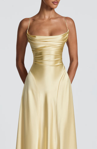 M.T Adelina Maxi Dress Non-Stretch Satin Twist Cowl Lemon