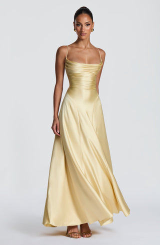M.T Adelina Maxi Dress Non-Stretch Satin Twist Cowl Lemon
