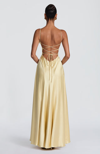 M.T Adelina Maxi Dress Non-Stretch Satin Twist Cowl Lemon