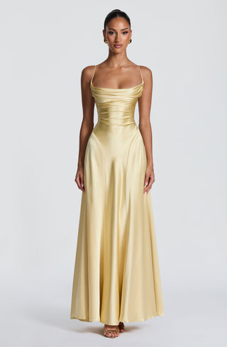 M.T Adelina Maxi Dress Non-Stretch Satin Twist Cowl Lemon