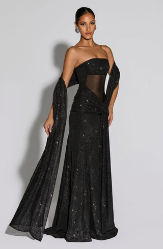 L.F Agnes Shawl Long One Size Light Stretch Mesh Black Sparkle
