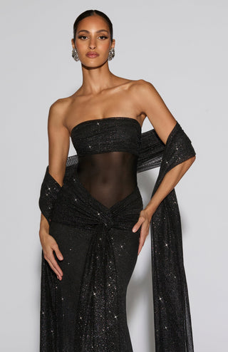 L.F Agnes Shawl Long One Size Light Stretch Mesh Black Sparkle
