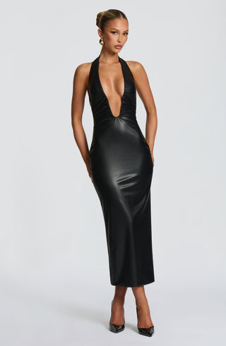 DIA Ainsley Midi Dress Faux Leather Plunge Halter Black