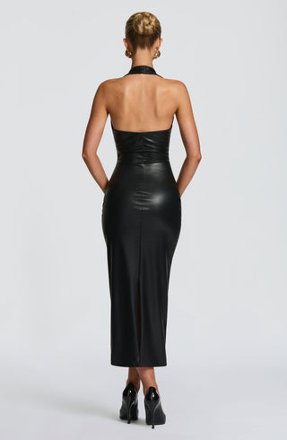 DIA Ainsley Midi Dress Faux Leather Plunge Halter Black