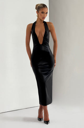 DIA Ainsley Midi Dress Faux Leather Plunge Halter Black