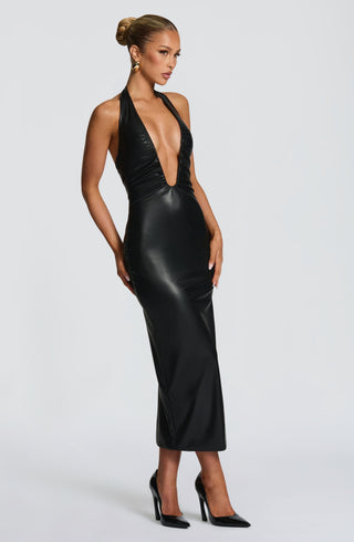 DIA Ainsley Midi Dress Faux Leather Plunge Halter Black