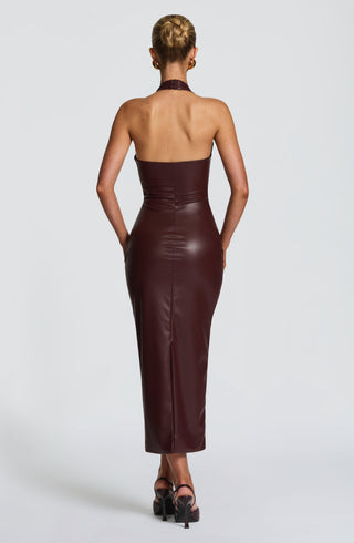 DIA Ainsley Midi Dress Faux Leather Burgundy Halter Plunge