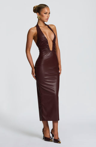 DIA Ainsley Midi Dress Faux Leather Burgundy Halter Plunge