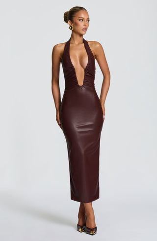 DIA Ainsley Midi Dress Faux Leather Burgundy Halter Plunge
