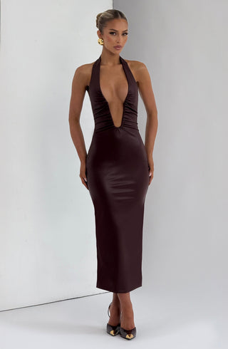 DIA Ainsley Midi Dress Faux Leather Burgundy Halter Plunge