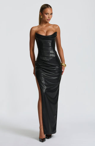 M.T Alba Maxi Dress Faux Leather Column Silhouette Black