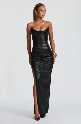 M.T Alba Maxi Dress Faux Leather Column Silhouette Black