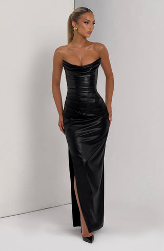 M.T Alba Maxi Dress Faux Leather Column Silhouette Black