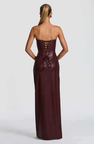 M.T Alba Maxi Dress Faux Leather Cowl Neck Burgundy